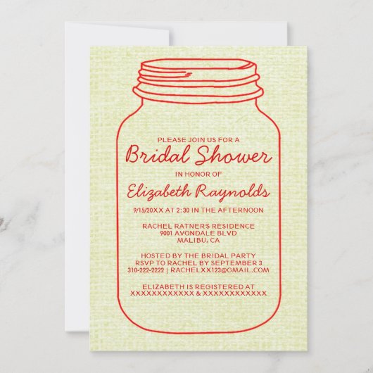 Red Gold Rustic Mason Jar Bridal Shower Kaart (Voorkant)