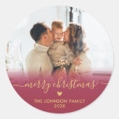 Red Gold Script Familie Foto Vrolijk Kerstfeest CL Ronde Sticker (Voorkant)