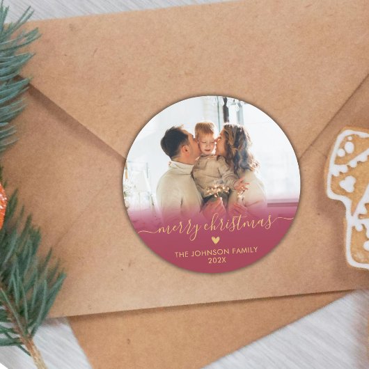 Red Gold Script Familie Foto Vrolijk Kerstfeest CL Ronde Sticker