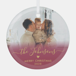 Red Gold Script Familiefoto Vrolijk Kerstfeest Glas Ornament