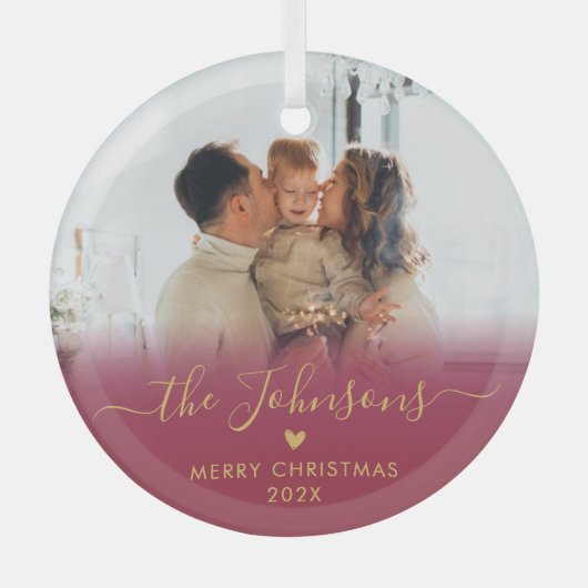 Red Gold Script Familiefoto Vrolijk Kerstfeest Glas Ornament (Voorkant)