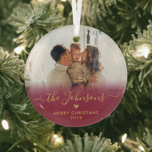 Red Gold Script Familiefoto Vrolijk Kerstfeest Glas Ornament
