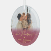 Red Gold Script Familiefoto Vrolijk Kerstfeest Glas Ornament (Voorkant links)