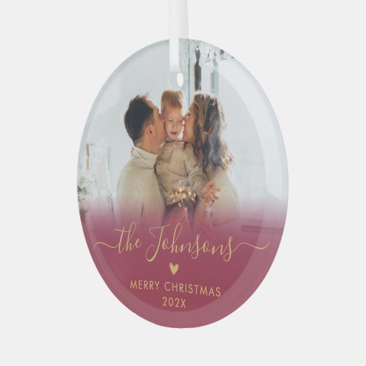 Red Gold Script Familiefoto Vrolijk Kerstfeest Glas Ornament (Voorkant links)