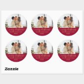 Red Gold Script Familiefoto Vrolijk Kerstfeest Ronde Sticker (Vel)