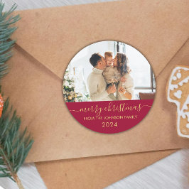 Red Gold Script Familiefoto Vrolijk Kerstfeest Ronde Sticker