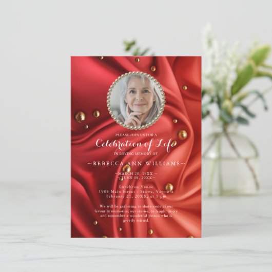 Red Gold Silky Photo Celebration of Life Kaart (Staand voorkant)