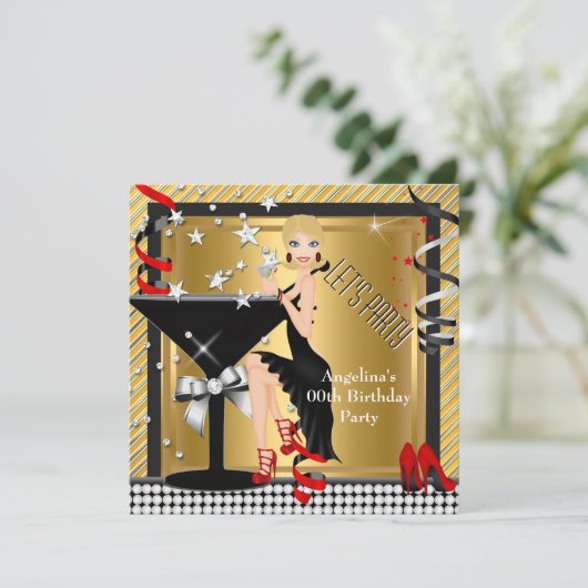Red Gold Silver Black Martini Birthday Party 3 Kaart (Staand voorkant)