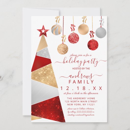 Red Gold Silver Glitter Tree Ornaments Holiday Kaart (Voorkant)