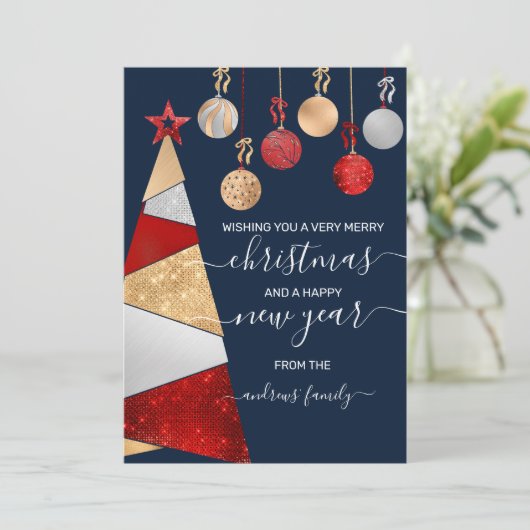 Red Gold Silver Glitter Tree Ornaments Kerstmis Feestdagenkaart (Staand voorkant)