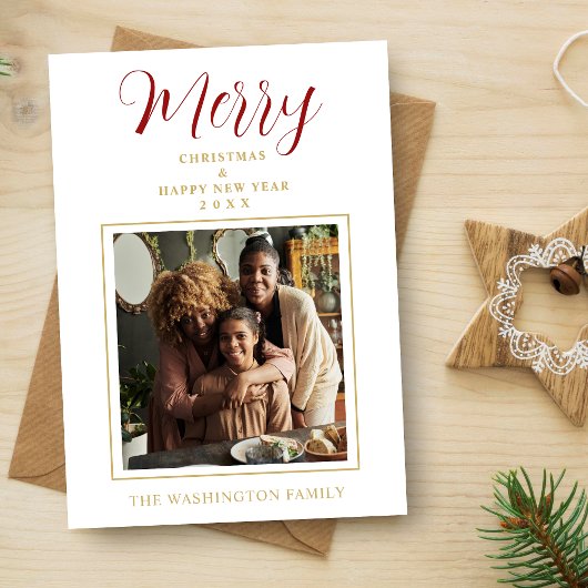 Red & Gold Simple Minimalist Merry Christmas Photo Feestdagenkaart