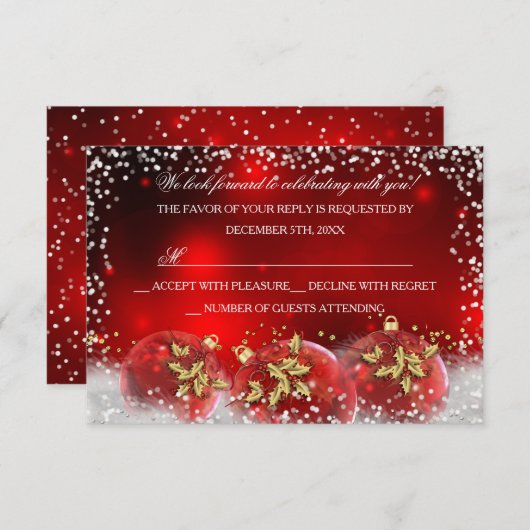 Red Gold Snow Bauble Kerstfeest RSVP (Voorkant / Achterkant)