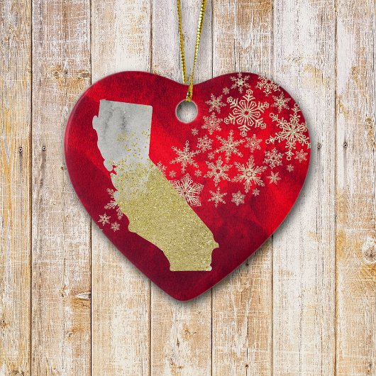 Red Gold Snowflake California Heart Keramisch Ornament
