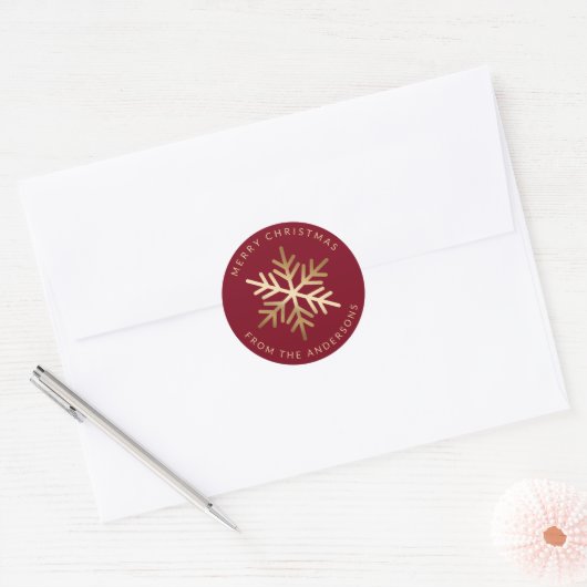 Red Gold Snowflake Family Merry Christmas Ronde Sticker (Envelop)