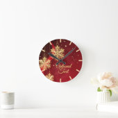 Red & Gold Snowflake Filigree Aangepast kerstfeest Ronde Klok (Huis)