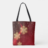 Red & Gold Snowflake Filigree Aangepast kerstfeest Tote Bag (Achterkant)