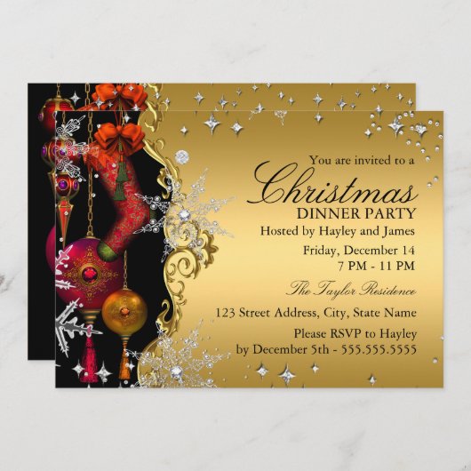 Red Gold Snowflake kerstfeest 4a Kaart (Voorkant / Achterkant)