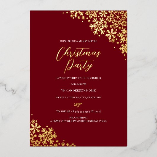 Red Gold Snowflake kerstfeest Folie Uitnodiging (Voorkant)
