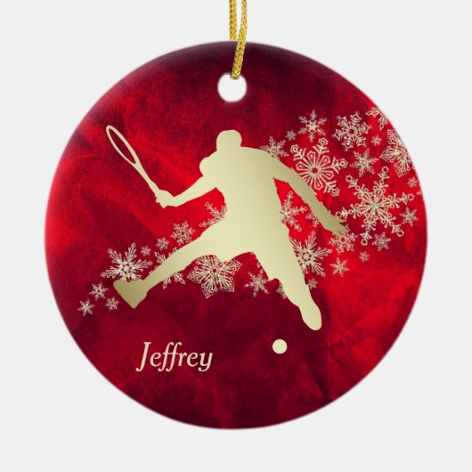 Red Gold Snowflake Male Tennis Player Keramisch Ornament (Voorkant)