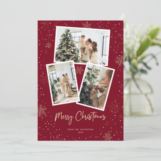 Red Gold Snowflake Merry-kerstfotokaarten Feestdagenkaart (Staand voorkant)
