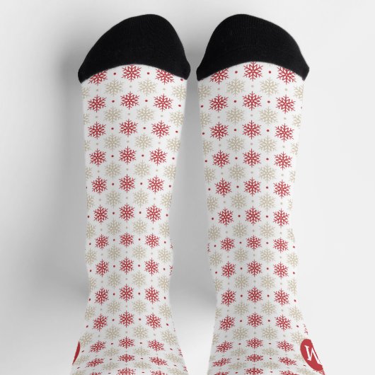Red Gold Snowflake Pattern Monogram Socks Sokken (Top)