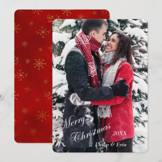 Red Gold Snowflake Photo Template voor Kerstmis Feestdagenkaart (Voorkant / Achterkant)
