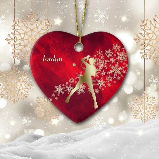 Red Gold Snowflake Tennis Player Keramisch Ornament