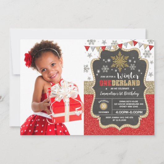 Red Gold Snowflake Wintervakantie 1e verjaardag Kaart (Voorkant)