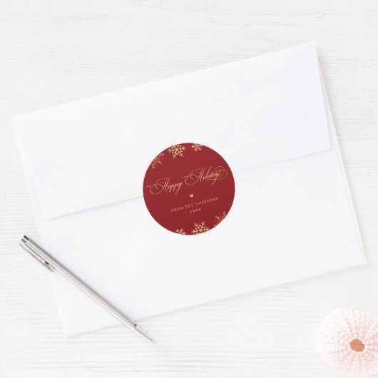 Red & Gold Snowflakes Happy Holidays Custom Name Ronde Sticker (Envelop)