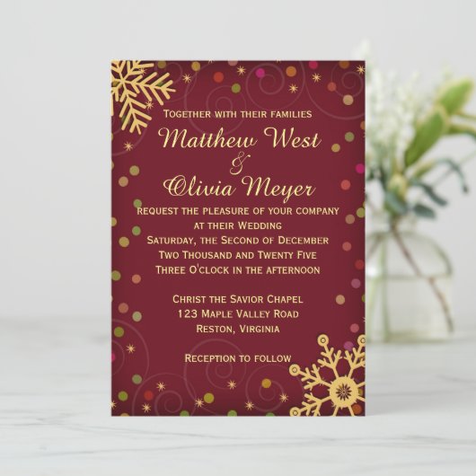 Red Gold Snowflakes Holiday Weddenschap Kaart (Staand voorkant)