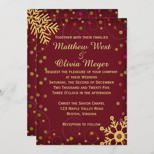 Red Gold Snowflakes Holiday Weddenschap Kaart (Voorkant / Achterkant)