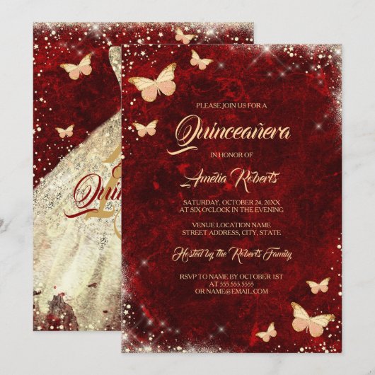 Red Gold Sparkle Butterfly Quinceanera Kaart (Voorkant / Achterkant)