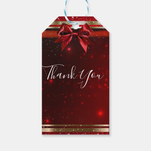 Red & Gold Sparkle Chic Bow Elegant Holiday Party Cadeaulabel (Voorkant)