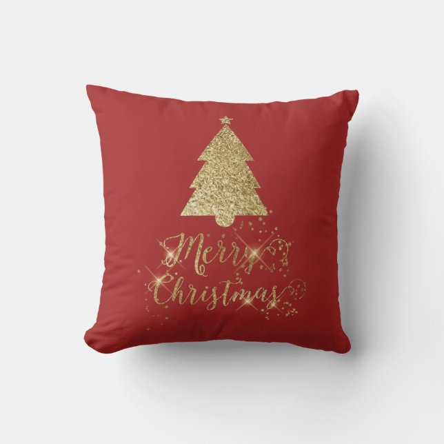Red Gold Sparkle Merry-kerstboom Kussen (Voorkant)