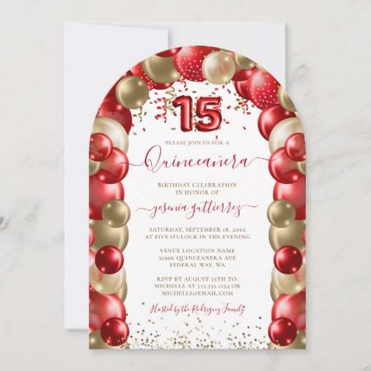 Red Gold Sparkle Quinceañera-ballon Kaart (Voorkant)