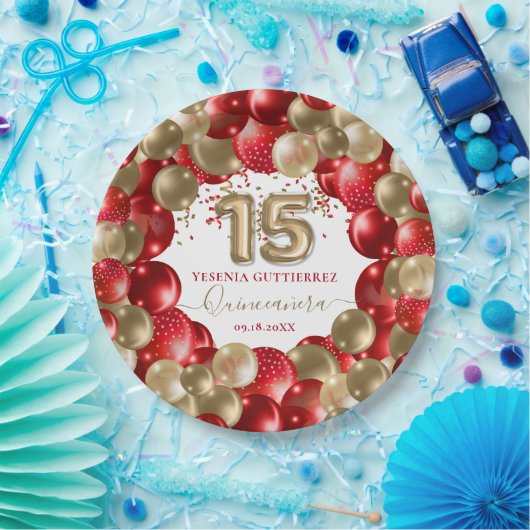 Red Gold Sparkle Quinceañera-ballon Papieren Bordje (Feest)
