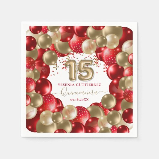 Red Gold Sparkle Quinceañera-ballon Servet (Voorkant)