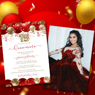 Red Gold Sparkle Quinceañera Ballonfoto Kaart