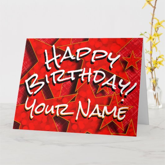 Red Gold Stars Jouw naam Happy Birthday Kaart (Gele Bloem)