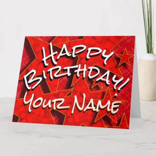 Red Gold Stars Jouw naam Happy Birthday Kaart (Voorkant)