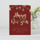 Red Gold Stars Patroon Script Gelukkig Nieuwjaar C Kaart (Staand voorkant)
