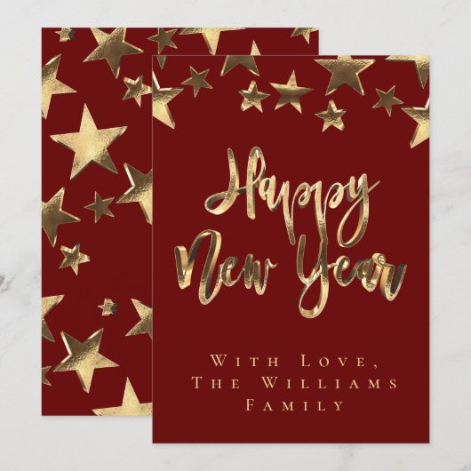 Red Gold Stars Patroon Script Gelukkig Nieuwjaar C Kaart (Voorkant / Achterkant)