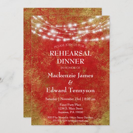 Red Gold String Lights Rehearsal Dinner Invitation Kaart (Voorkant / Achterkant)