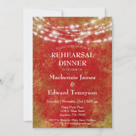 Red Gold String Lights Rehearsal Dinner Invitation Kaart