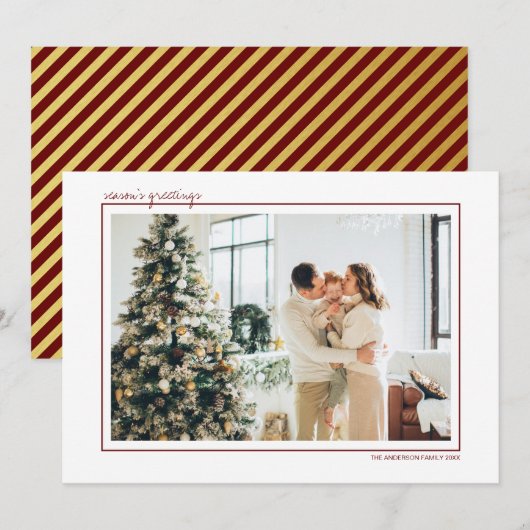 Red & Gold Stripes Season's Groeten Foto Feestdagenkaart (Voorkant / Achterkant)
