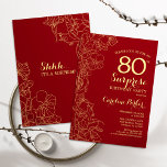 Red Gold Surprise 80th Birthday Party Kaart<br><div class="desc">Red Gold Floral verrassend 80th Birthday Party Invitation. Minimalistisch modern design met botanische accenten en lettertype typografie. Eenvoudige bloemige uitnodigingskaart perfect voor een stijlvol vrouw verrassingsfeest. Kan op elke leeftijd worden aangepast.</div>