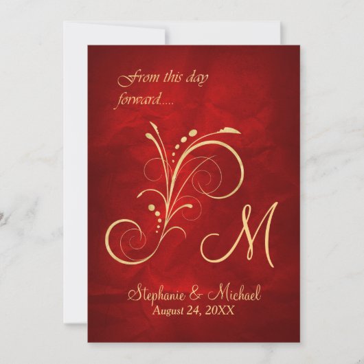 Red Gold Swirl Monogram Huwelijk Kaart (Voorkant)