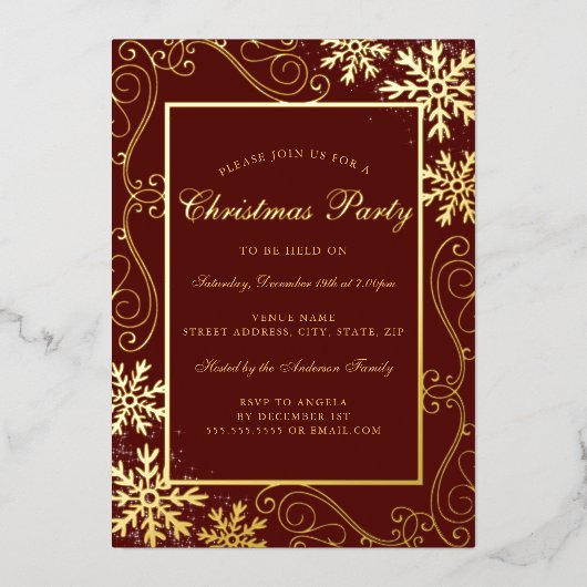 Red Gold Swirl Snowflake Lijst Kerstfeest Folie Uitnodiging (Voorkant)
