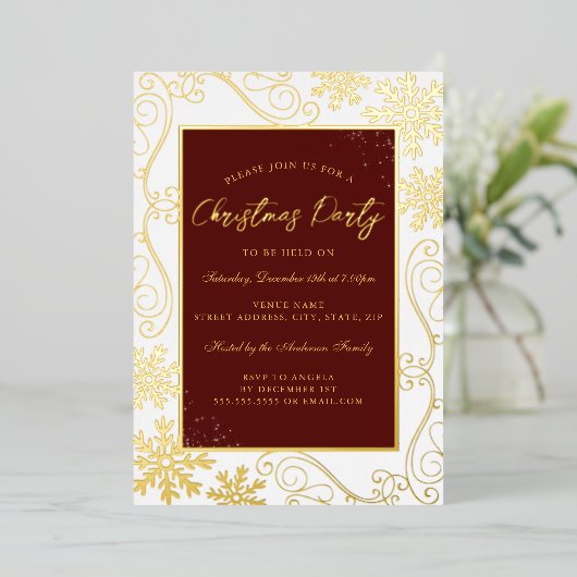 Red Gold Swirl Snowflake Lijst Kerstfeest Folie Uitnodiging (Staand Voorkant)