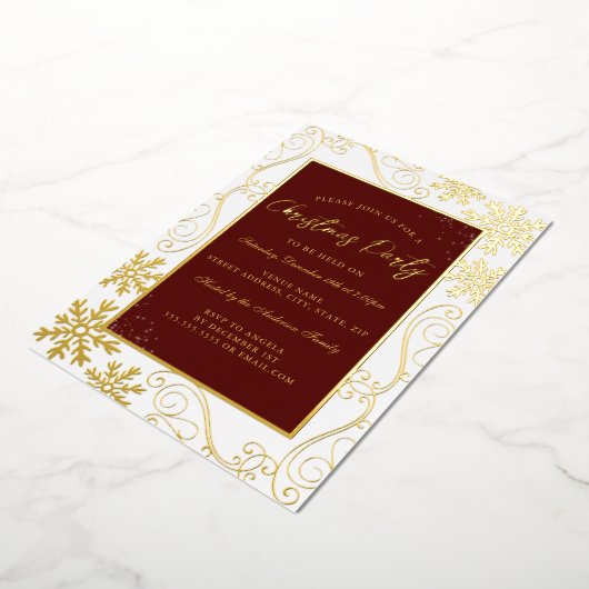 Red Gold Swirl Snowflake Lijst Kerstfeest Folie Uitnodiging (Gedraaid)